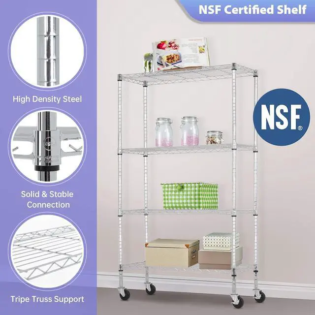 Alt view image 5 of 7 - FDW 4-Tier Wire Shelving Storage Shelves Adjustable NSF Wire Shelf Heavy Duty Storage Shelving Unit on 3 Wheel Casters Commercial Metal Wire Rack 36L x 14W x 62H,Chrome