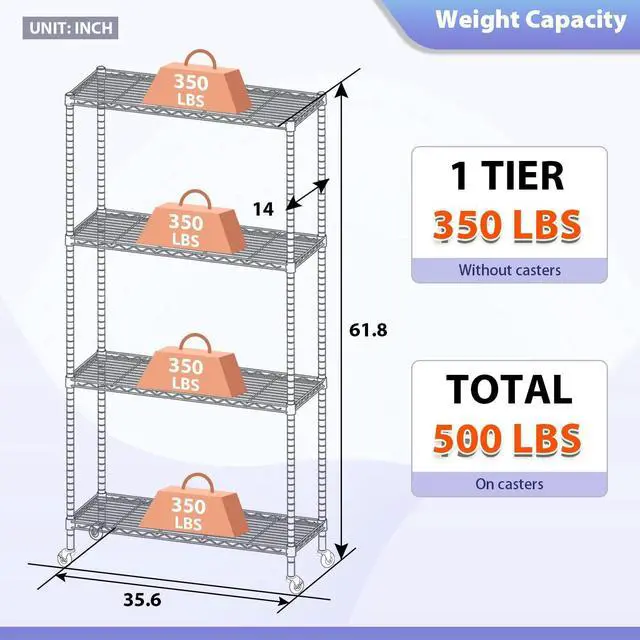 Alt view image 3 of 7 - FDW 4-Tier Wire Shelving Storage Shelves Adjustable NSF Wire Shelf Heavy Duty Storage Shelving Unit on 3 Wheel Casters Commercial Metal Wire Rack 36L x 14W x 62H,Chrome