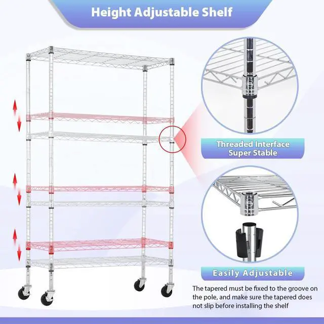 Alt view image 6 of 7 - FDW 4-Tier Wire Shelving Storage Shelves Adjustable NSF Wire Shelf Heavy Duty Storage Shelving Unit on 3 Wheel Casters Commercial Metal Wire Rack 36L x 14W x 62H,Chrome