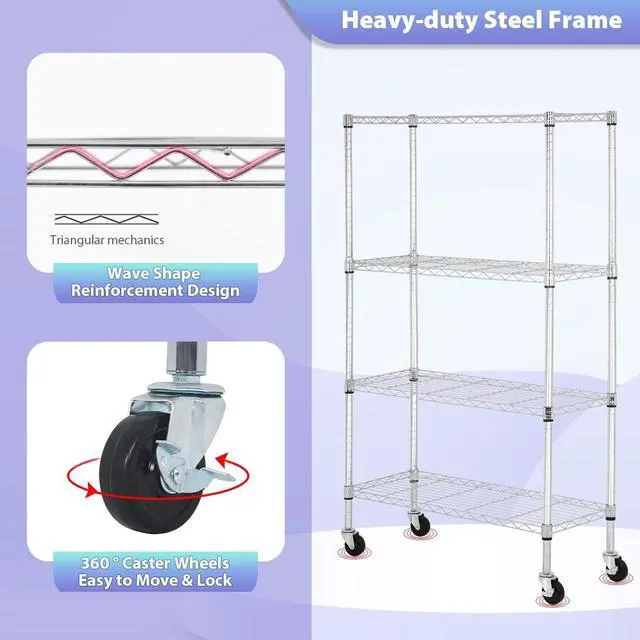 Alt view image 7 of 7 - FDW 4-Tier Wire Shelving Storage Shelves Adjustable NSF Wire Shelf Heavy Duty Storage Shelving Unit on 3 Wheel Casters Commercial Metal Wire Rack 36L x 14W x 62H,Chrome