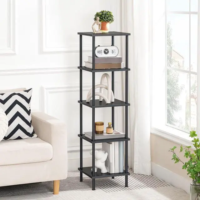 Alt view image 2 of 7 - HOOBRO 5-Tier Corner Shelf Stand, Corner Square Rack Display Shelf, Tall Storage Rack Plant Stand, Corner Bookcase for Small Spaces, Living Room, Home Office, Kitchen, Black BK50CJ01