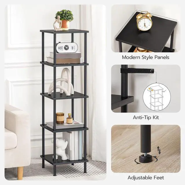 Alt view image 6 of 7 - HOOBRO 5-Tier Corner Shelf Stand, Corner Square Rack Display Shelf, Tall Storage Rack Plant Stand, Corner Bookcase for Small Spaces, Living Room, Home Office, Kitchen, Black BK50CJ01