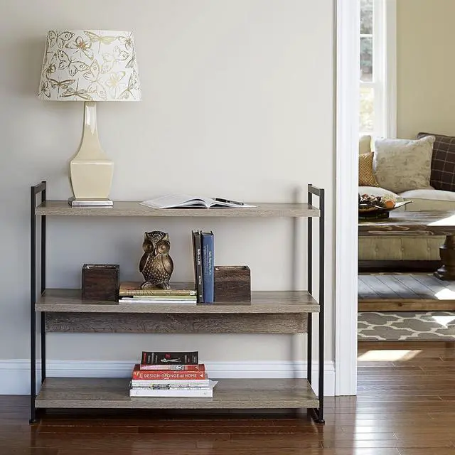 Alt view image 2 of 7 - Household Essentials Wide 3Shelf Open Storage Bookshelf in Oak Rustic Wood Grain and White Metal Frame, Ashwood
