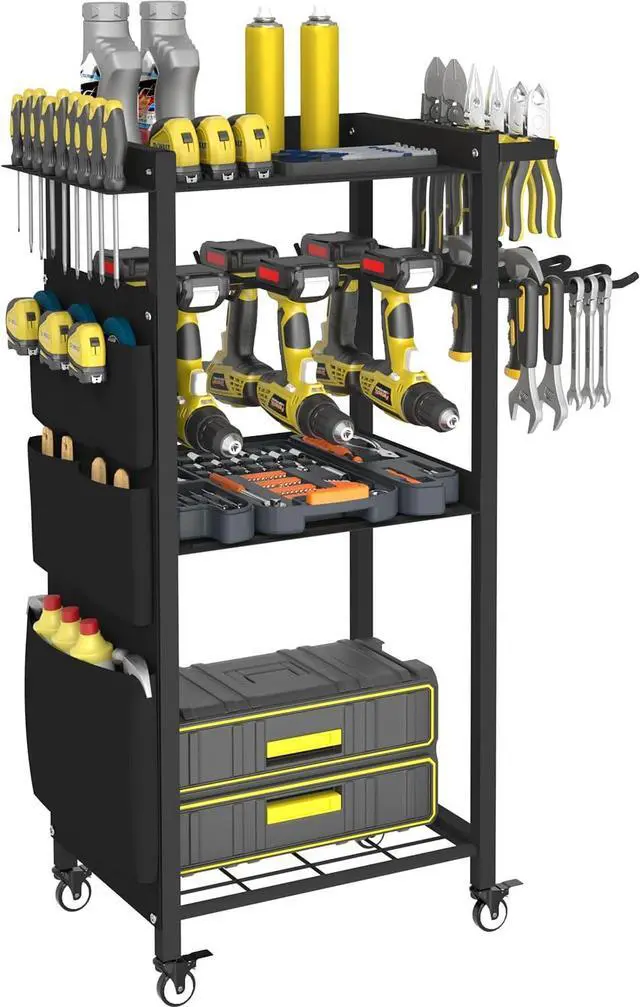 Main image of 4-Tier Rolling Power Tool Organizer Storage Cart, Garage Organization on Wheels Tool Cart with Drill Set Rack Shelf, Mechanic Utility Cart for Workbench & Outdoors Working, Gift for Men Dad