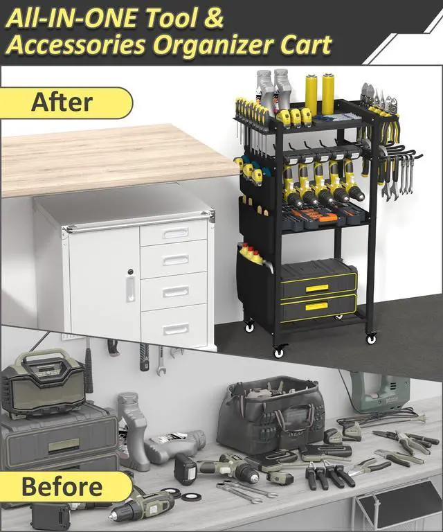Alt view image 2 of 7 - 4-Tier Rolling Power Tool Organizer Storage Cart, Garage Organization on Wheels Tool Cart with Drill Set Rack Shelf, Mechanic Utility Cart for Workbench & Outdoors Working, Gift for Men Dad