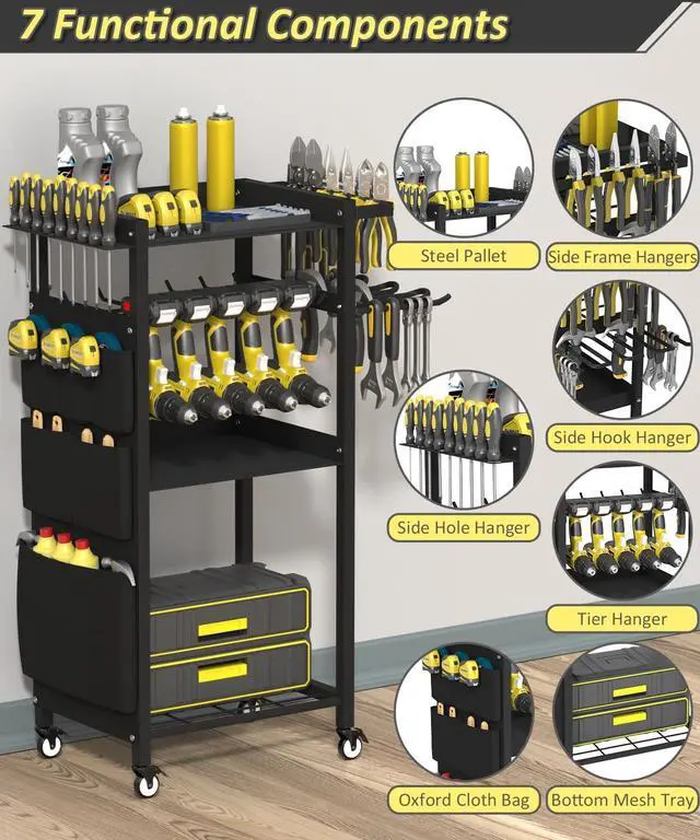 Alt view image 3 of 7 - 4-Tier Rolling Power Tool Organizer Storage Cart, Garage Organization on Wheels Tool Cart with Drill Set Rack Shelf, Mechanic Utility Cart for Workbench & Outdoors Working, Gift for Men Dad