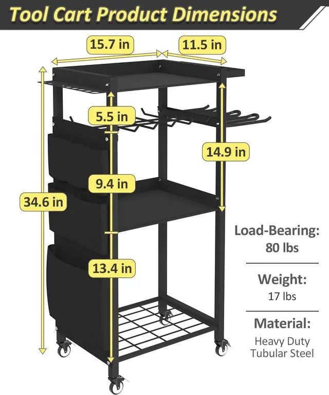 Alt view image 6 of 7 - 4-Tier Rolling Power Tool Organizer Storage Cart, Garage Organization on Wheels Tool Cart with Drill Set Rack Shelf, Mechanic Utility Cart for Workbench & Outdoors Working, Gift for Men Dad