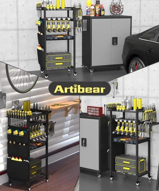 Alt view image 7 of 7 - 4-Tier Rolling Power Tool Organizer Storage Cart, Garage Organization on Wheels Tool Cart with Drill Set Rack Shelf, Mechanic Utility Cart for Workbench & Outdoors Working, Gift for Men Dad