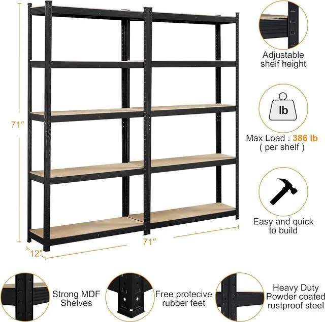 Alt view image 3 of 7 - Topeakmart 2PCS 5-Tier Metal Storage Shelving Unit, 35.5x12x71Inch, Black