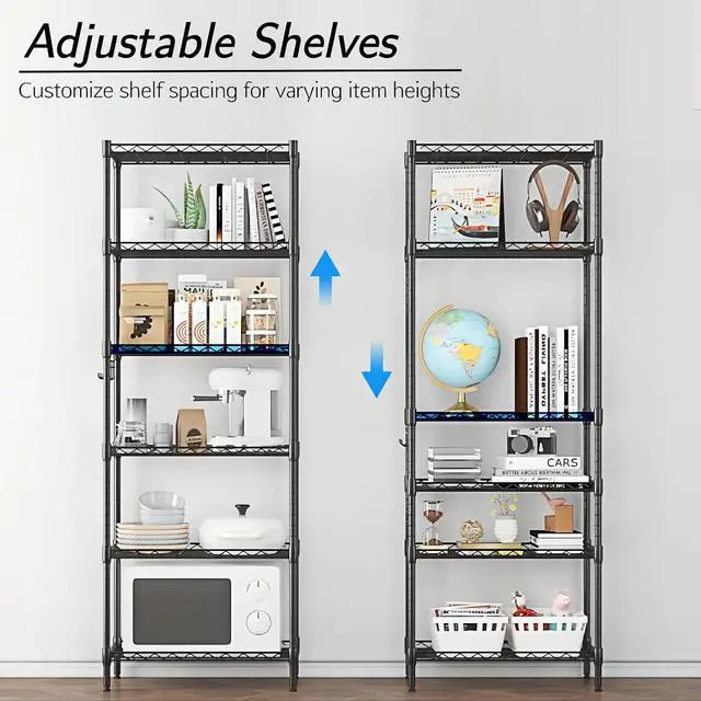 Alt view image 4 of 7 - Homdox 6-Tier Storage Shelf Wire Shelving Unit Free Standing Rack Organization Adjustable Leveling Feet, Stainless Side Hooks, Black