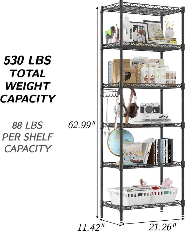 Alt view image 3 of 7 - Homdox 6-Tier Storage Shelf Wire Shelving Unit Free Standing Rack Organization Adjustable Leveling Feet, Stainless Side Hooks, Black