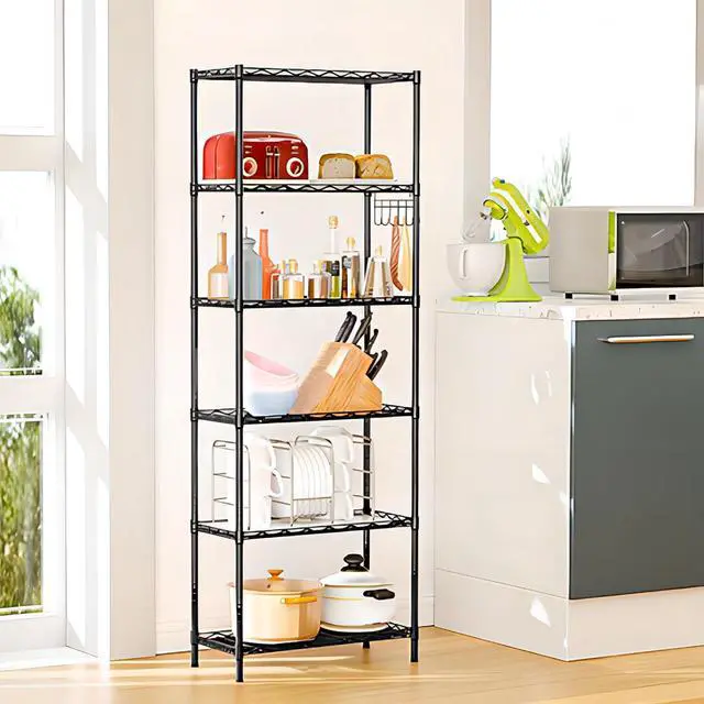 Alt view image 2 of 7 - Homdox 6-Tier Storage Shelf Wire Shelving Unit Free Standing Rack Organization Adjustable Leveling Feet, Stainless Side Hooks, Black