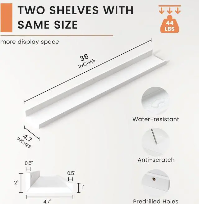 Alt view image 3 of 7 - Picture Ledge Shelf, Floating Shelves for Wall, 36" W Set of 2, White