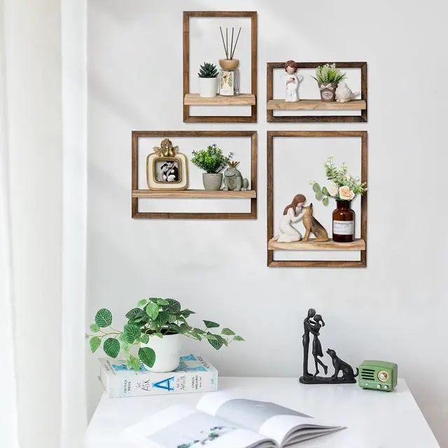 Alt view image 2 of 7 - Rustic Wooden Floating Shelves: Farmhouse wall Decor, Set of 4