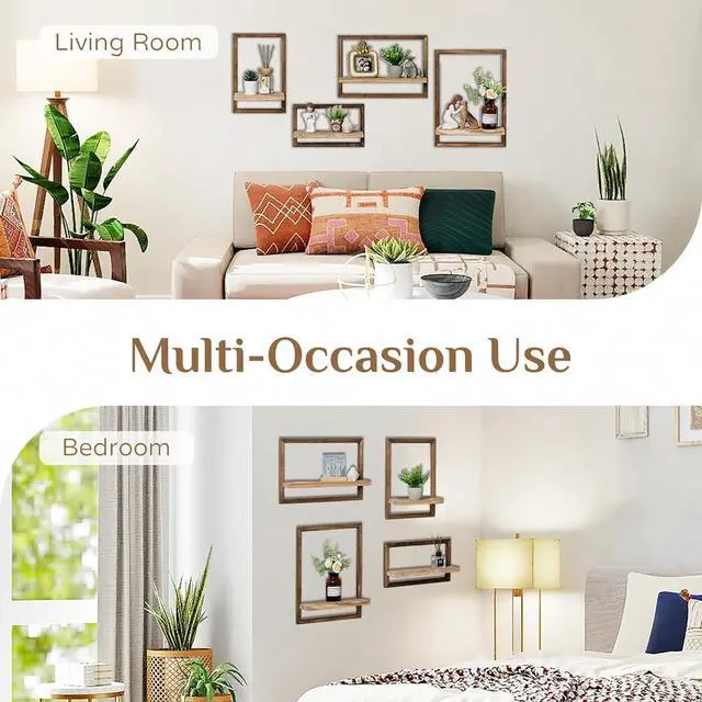 Alt view image 4 of 7 - Rustic Wooden Floating Shelves: Farmhouse wall Decor, Set of 4