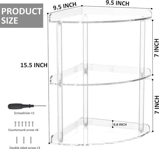 Alt view image 3 of 6 - Sezanrpt 3 Tier Acrylic Corner Shelf Organizer Storage 9.5x9.5x15.7 Inch, Transparent Countertop Corner Shelf for Bathroom, Kitchen, Bedroom, Office, Study Room