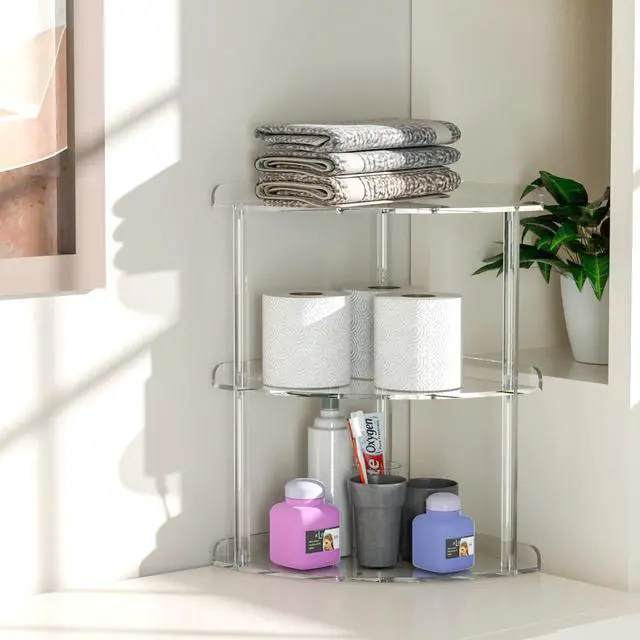 Alt view image 4 of 6 - Sezanrpt 3 Tier Acrylic Corner Shelf Organizer Storage 9.5x9.5x15.7 Inch, Transparent Countertop Corner Shelf for Bathroom, Kitchen, Bedroom, Office, Study Room