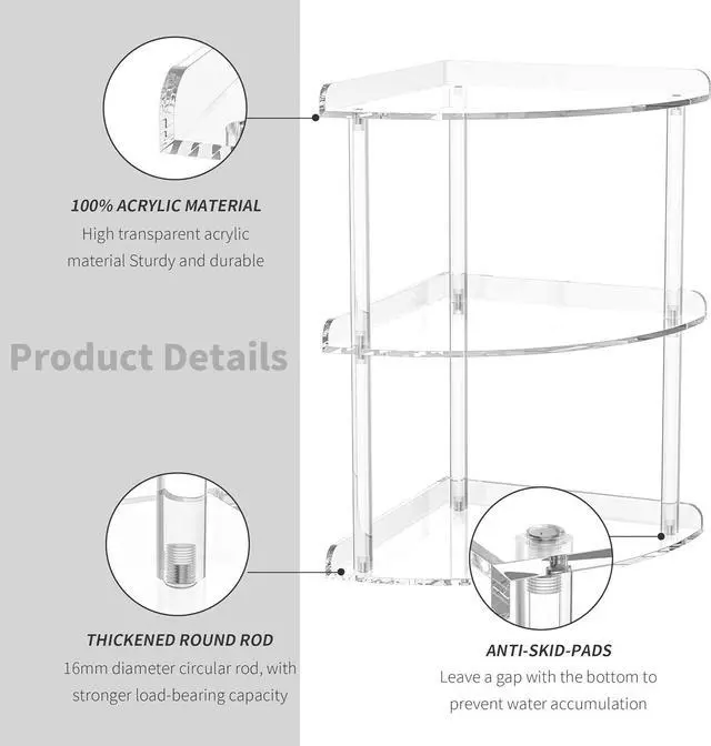 Alt view image 5 of 6 - Sezanrpt 3 Tier Acrylic Corner Shelf Organizer Storage 9.5x9.5x15.7 Inch, Transparent Countertop Corner Shelf for Bathroom, Kitchen, Bedroom, Office, Study Room