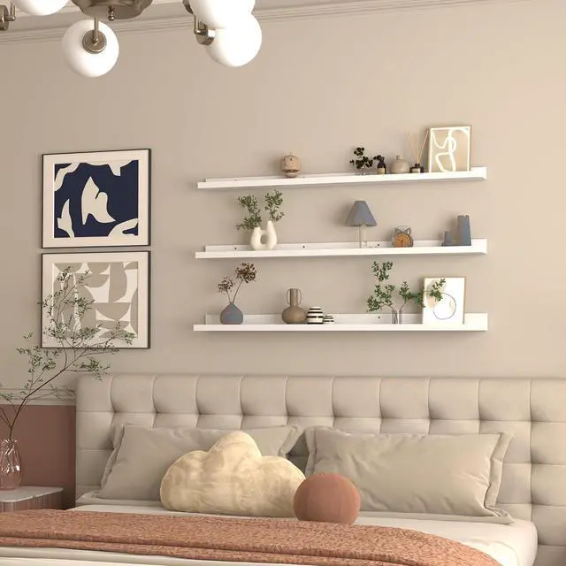Alt view image 2 of 7 - Giftgarden 47 Inch White Floating Shelves for Wall Mount, Modern Long Wood Wall Shelf Ledge for Bathroom Bedroom Living Room Kitchen Nursery Storage, Set of 3 Different Sizes