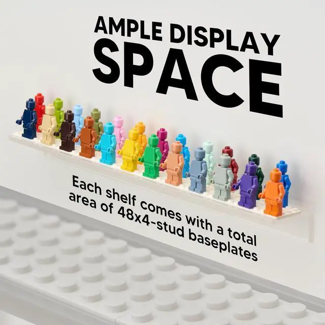 Alt view image 3 of 7 - Tapeera 3-Pack Minifigure Display Shelves Compatible with LEGO, Acrylic Floating Shelf with Baseplate Studs, Building Bricks Wall Mount Organizer for Kids Room (White, Floating Shelves)