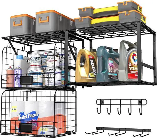 Main image of ThreeHio Garage Shelf Wall Mounted with Wire Baskets, Heavy Duty Garage Wall Shelving with Garden Tool Rack and Hooks, Wire Shelf Baskets Tool Organizer for Home Garden Yard Organization and Storage