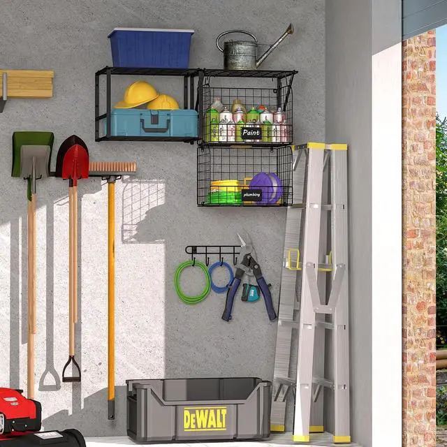 Alt view image 4 of 7 - ThreeHio Garage Shelf Wall Mounted with Wire Baskets, Heavy Duty Garage Wall Shelving with Garden Tool Rack and Hooks, Wire Shelf Baskets Tool Organizer for Home Garden Yard Organization and Storage