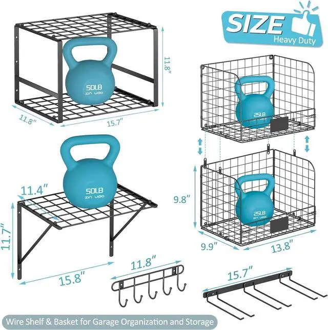 Alt view image 3 of 7 - ThreeHio Garage Shelf Wall Mounted with Wire Baskets, Heavy Duty Garage Wall Shelving with Garden Tool Rack and Hooks, Wire Shelf Baskets Tool Organizer for Home Garden Yard Organization and Storage