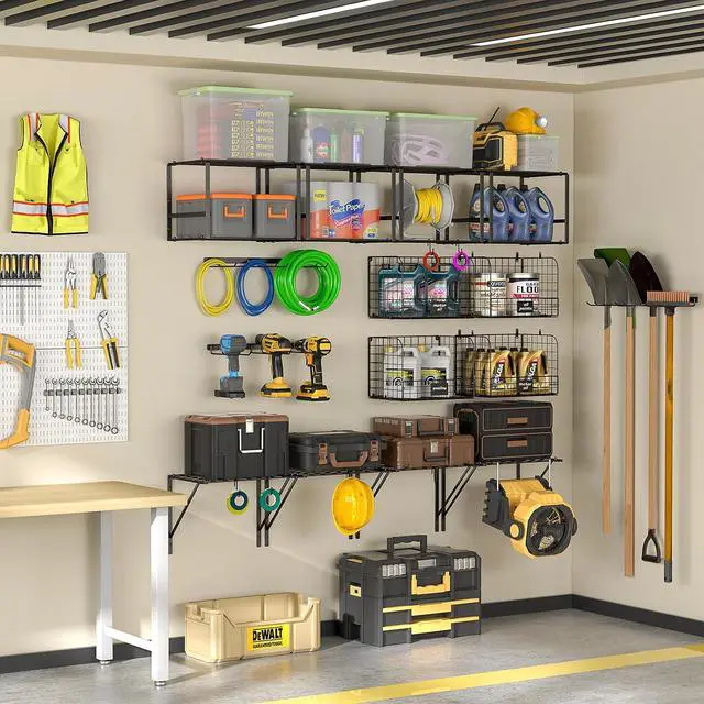 Alt view image 5 of 7 - ThreeHio Garage Shelf Wall Mounted with Wire Baskets, Heavy Duty Garage Wall Shelving with Garden Tool Rack and Hooks, Wire Shelf Baskets Tool Organizer for Home Garden Yard Organization and Storage