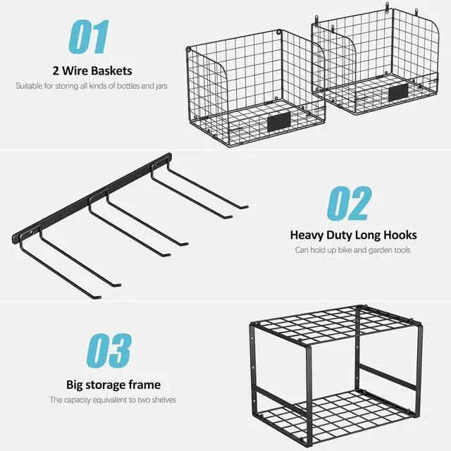 Alt view image 6 of 7 - ThreeHio Garage Shelf Wall Mounted with Wire Baskets, Heavy Duty Garage Wall Shelving with Garden Tool Rack and Hooks, Wire Shelf Baskets Tool Organizer for Home Garden Yard Organization and Storage
