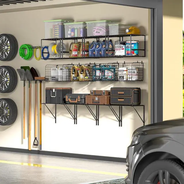 Alt view image 7 of 7 - ThreeHio Garage Shelf Wall Mounted with Wire Baskets, Heavy Duty Garage Wall Shelving with Garden Tool Rack and Hooks, Wire Shelf Baskets Tool Organizer for Home Garden Yard Organization and Storage