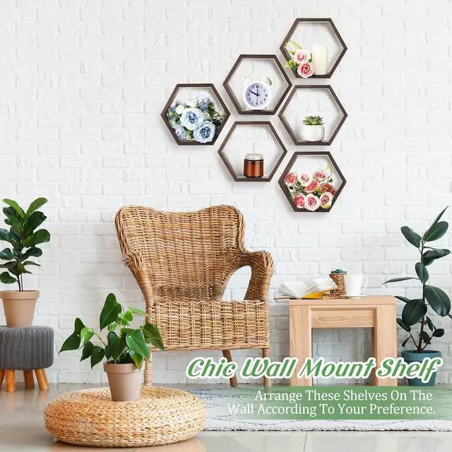 Alt view image 6 of 6 - Barydat 12 Pcs 12pcs 8inch Hexagon Shelves Wedding Table Decor, Dark Brown