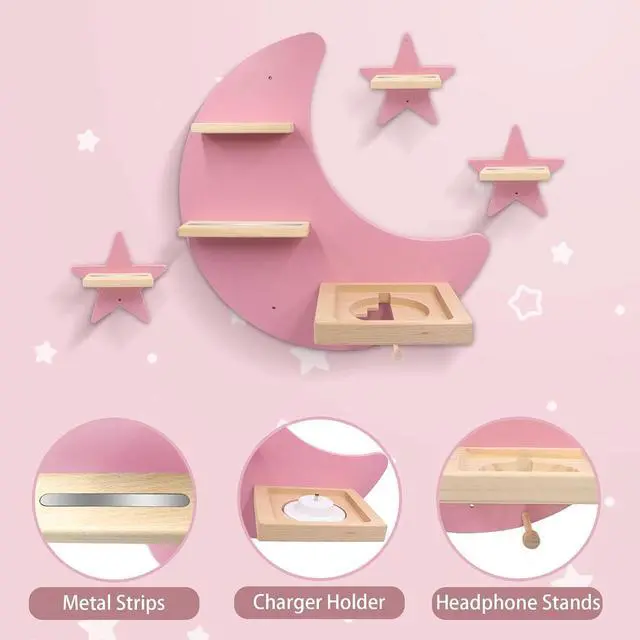 Alt view image 5 of 7 - Taladad for Toniebox 2 and Toniebox 1 Tonie Shelf Wall Mounted Set of 4 (Moon and 3 Stars),Tonies Figures Tonies Storage,Magnetic Wooden Floating Shelves Compatible with Tonie Box Player Character