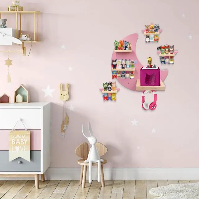 Alt view image 6 of 7 - Taladad for Toniebox 2 and Toniebox 1 Tonie Shelf Wall Mounted Set of 4 (Moon and 3 Stars),Tonies Figures Tonies Storage,Magnetic Wooden Floating Shelves Compatible with Tonie Box Player Character