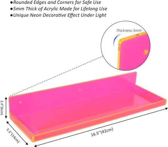 Alt view image 3 of 7 - Floating Shelves for Wall Acrylic Wall Shelves for Bedroom Bathroom Living Room Kitchen 16.5X5.5'', Pack of 2, Neon Pink