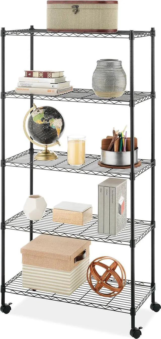 Alt view image 5 of 7 - Whitmor 5 Tier Supreme Shelving Unit, Metal Storage Shelves, Adjustable Heavy Duty Shelf with Wheels, 400 lbs Capacity per Shelf, 2000 lbs Total for Pantry, Garage, Kitchen, Black