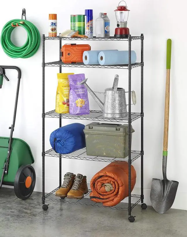 Alt view image 4 of 7 - Whitmor 5 Tier Supreme Shelving Unit, Metal Storage Shelves, Adjustable Heavy Duty Shelf with Wheels, 400 lbs Capacity per Shelf, 2000 lbs Total for Pantry, Garage, Kitchen, Black