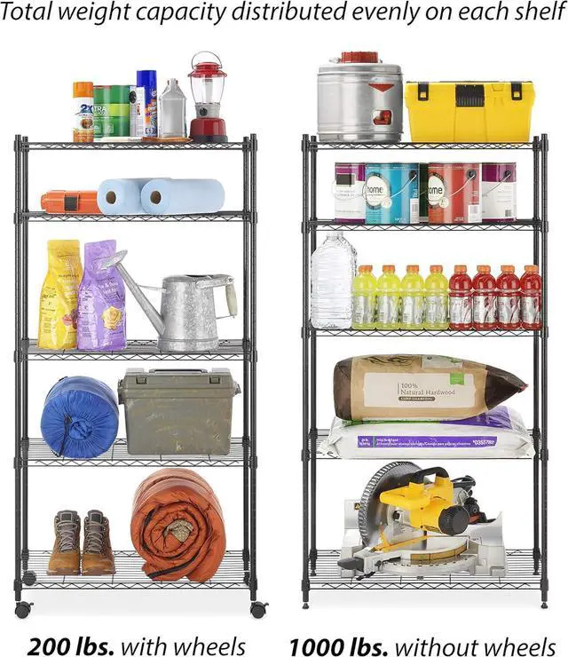 Alt view image 6 of 7 - Whitmor 5 Tier Supreme Shelving Unit, Metal Storage Shelves, Adjustable Heavy Duty Shelf with Wheels, 400 lbs Capacity per Shelf, 2000 lbs Total for Pantry, Garage, Kitchen, Black