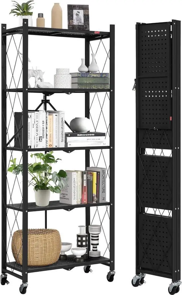 Main image of DEANIC 5-Shelf Folding Bookcase with Wheels, Rolling Bookshelf Heavy Duty Storage Shelves, Freestanding Metal Wire Shelving Unit for Living Room, Office, Kitchen, Basement, Pantry (Black)