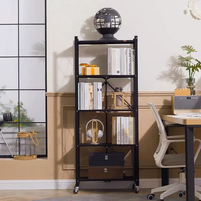 Alt view image 2 of 7 - DEANIC 5-Shelf Folding Bookcase with Wheels, Rolling Bookshelf Heavy Duty Storage Shelves, Freestanding Metal Wire Shelving Unit for Living Room, Office, Kitchen, Basement, Pantry (Black)