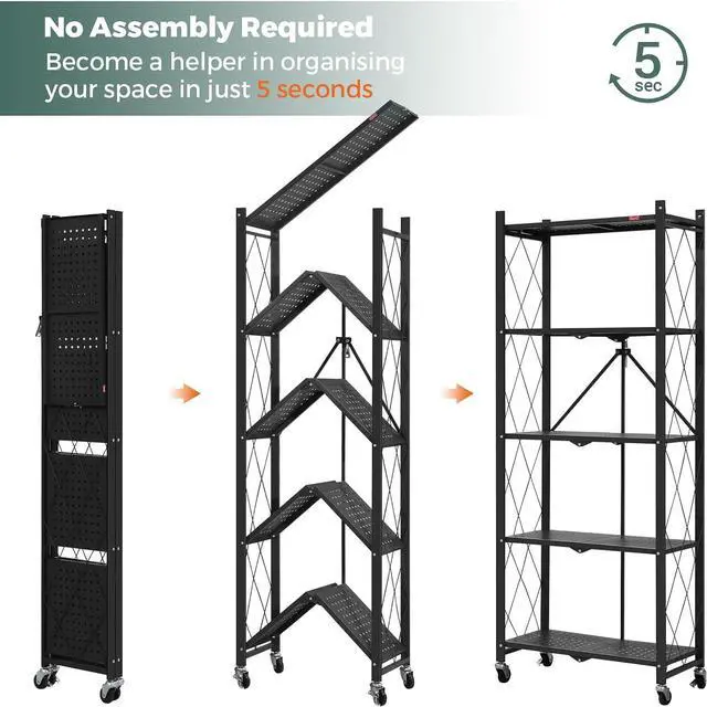 Alt view image 4 of 7 - DEANIC 5-Shelf Folding Bookcase with Wheels, Rolling Bookshelf Heavy Duty Storage Shelves, Freestanding Metal Wire Shelving Unit for Living Room, Office, Kitchen, Basement, Pantry (Black)