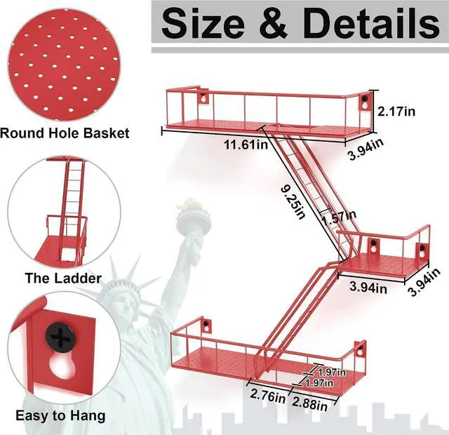 Alt view image 3 of 7 - Fire Escape Shelf - 3 Tier Metal Red Fire Escape Wall Shelves with Baskets, New York Action Figurine Display Shelf, Unique Rustic Floating Decorative Wall Shelves for Any Room