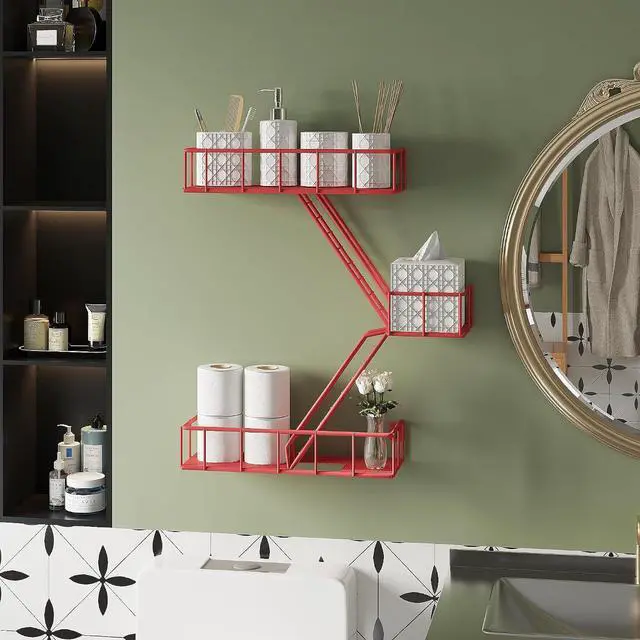 Alt view image 5 of 7 - Fire Escape Shelf - 3 Tier Metal Red Fire Escape Wall Shelves with Baskets, New York Action Figurine Display Shelf, Unique Rustic Floating Decorative Wall Shelves for Any Room