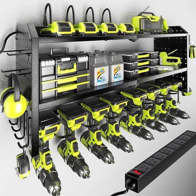 Main image of Power Tool Organizer with Charging Station, Built in 8 Outlet Power Strip,Large 8 Drill Holder Wall Mount, Heavy Duty Metal Power Tool Storage Rack Tool Shelf for Garage Organization Black