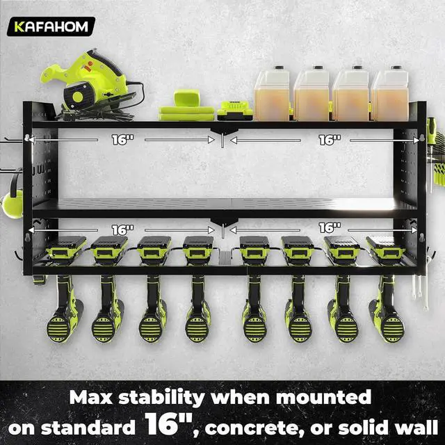 Alt view image 4 of 6 - Power Tool Organizer with Charging Station, Built in 8 Outlet Power Strip,Large 8 Drill Holder Wall Mount, Heavy Duty Metal Power Tool Storage Rack Tool Shelf for Garage Organization Black