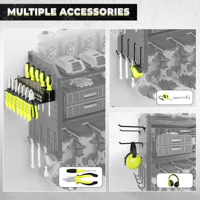 Alt view image 3 of 6 - Power Tool Organizer with Charging Station, Built in 8 Outlet Power Strip,Large 8 Drill Holder Wall Mount, Heavy Duty Metal Power Tool Storage Rack Tool Shelf for Garage Organization Black