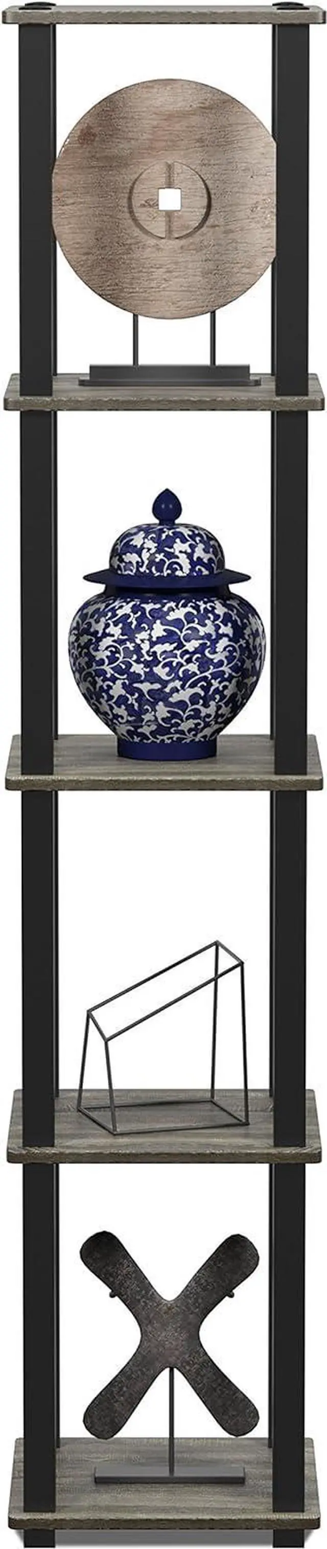 Alt view image 6 of 6 - FURINNO Turn-S-Tube 5-Tier Corner Square Rack Display Shelf, French Oak Grey/Black