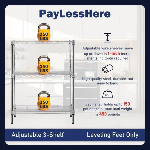 Alt view image 7 of 7 - PayLessHere | 3-Tier Wire Shelf | 23"x13"x30" | Chrome | Adjustable Racks | Heavy-Duty Storage Shelves, Holds Upto 450 lbs | Rust-Resistant, No-Tool Assembly | for Home, Garage Shelving