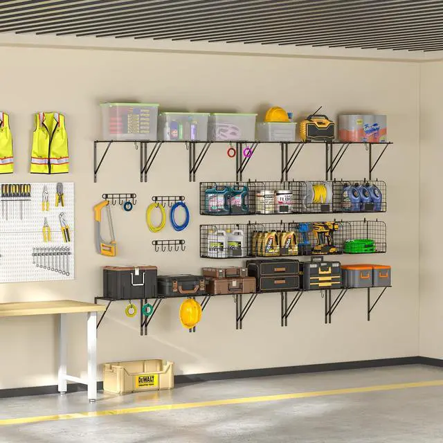 Alt view image 4 of 7 - ThreeHio 2 Pack Garage Shelves Wall Mounted with Wire Baskets, Heavy Duty Garage Wall Shelving with Hooks, Wire Shelf Baskets Tool Organizer for Home Garden Garage Organization and Storage
