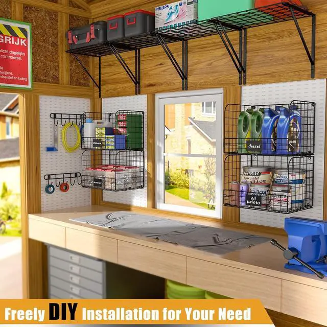 Alt view image 6 of 7 - ThreeHio 2 Pack Garage Shelves Wall Mounted with Wire Baskets, Heavy Duty Garage Wall Shelving with Hooks, Wire Shelf Baskets Tool Organizer for Home Garden Garage Organization and Storage