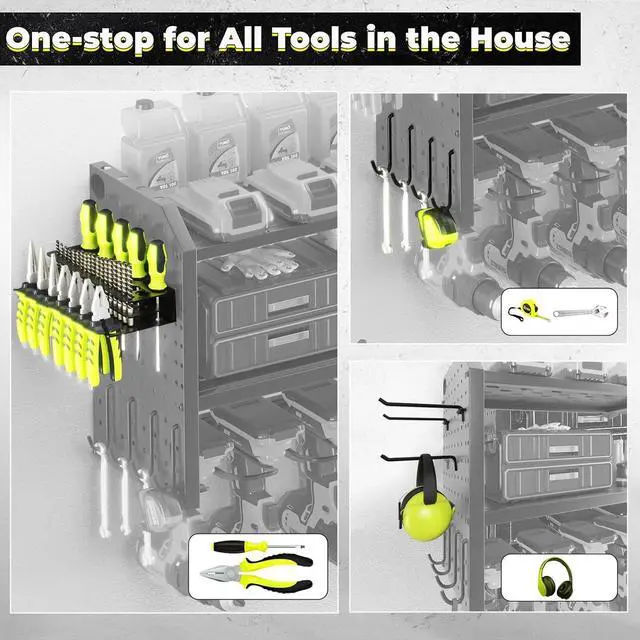Alt view image 2 of 6 - KAFAHOM Power Tool OrganizerLarge 8 Drill Holder Wall Mount Heavy Duty Metal Tool Shelf with 12 HooksStorage Rack for Garage OrganizationUtility Cordless Drill Holder and Battery Shelves